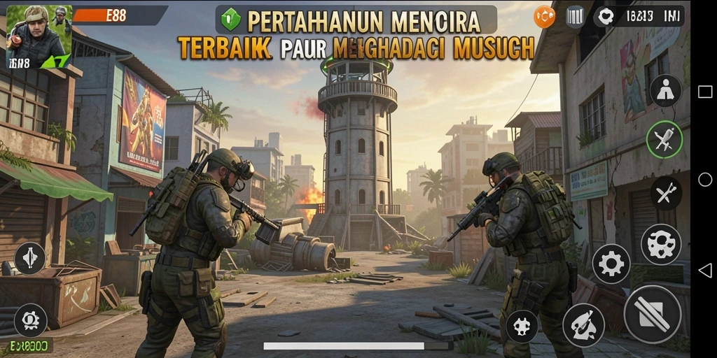 Screenshot E88 menampilkan pertempuran menara yang intens dan menantang.