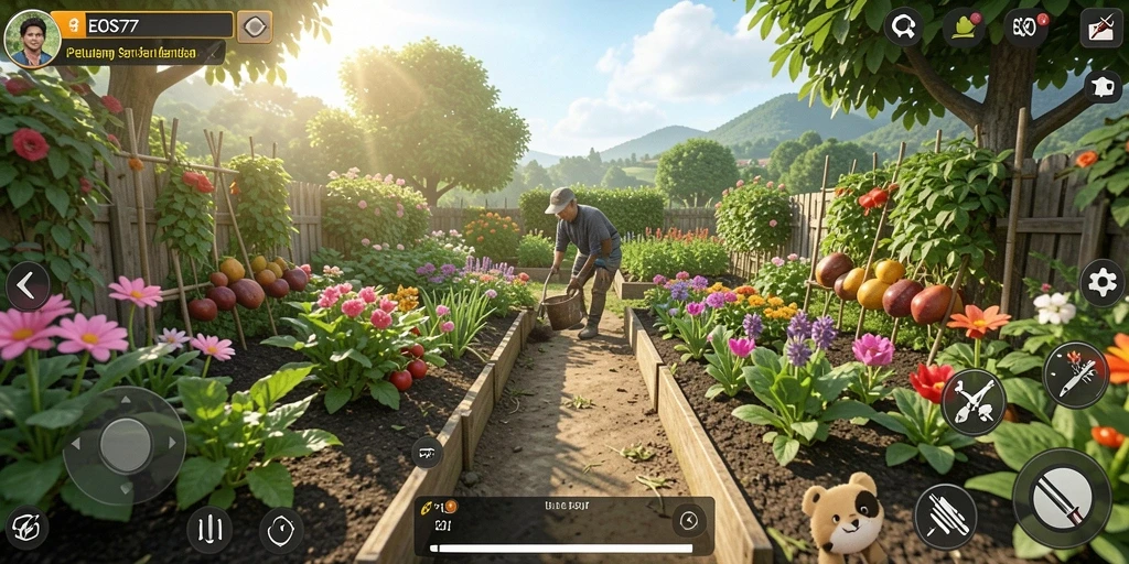 Screenshot gameplay EOS77 menampilkan suasana pertanian yang ceria.