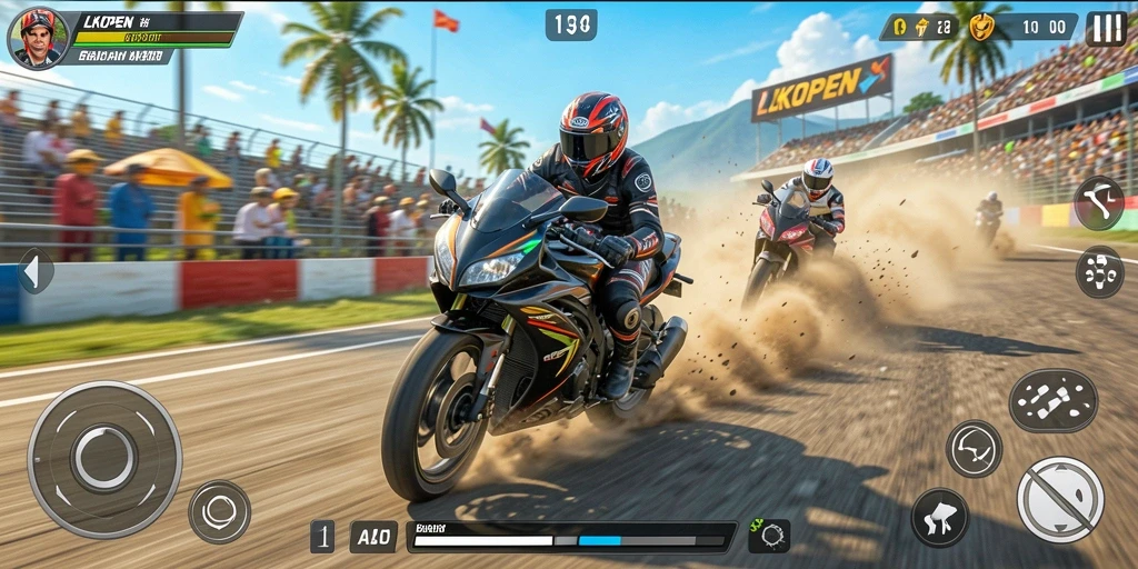 Screenshot menunjukkan aksi balapan motor yang intens di lintasan.