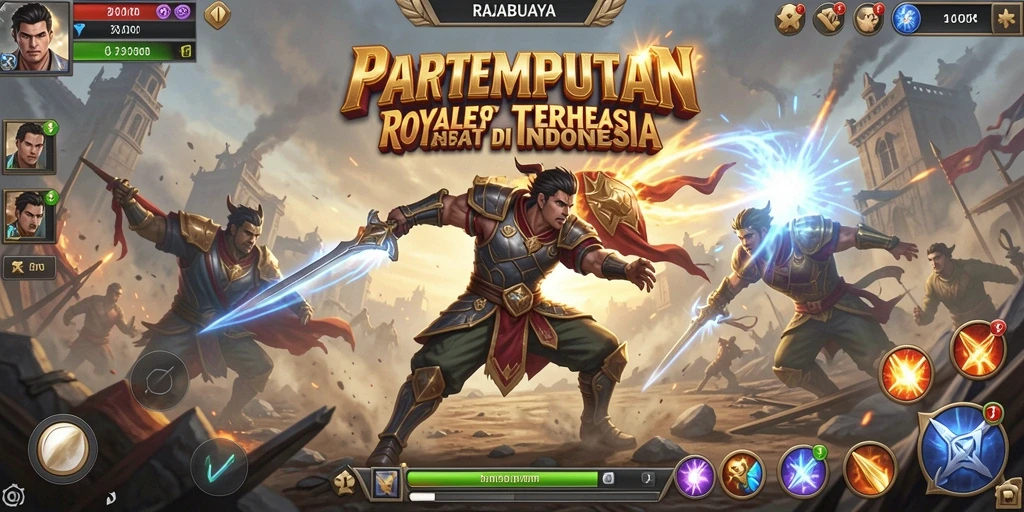 Tampilan screenshot utama RAJABUAYA menunjukkan aksi seru dalam pertempuran Battle Royale.
